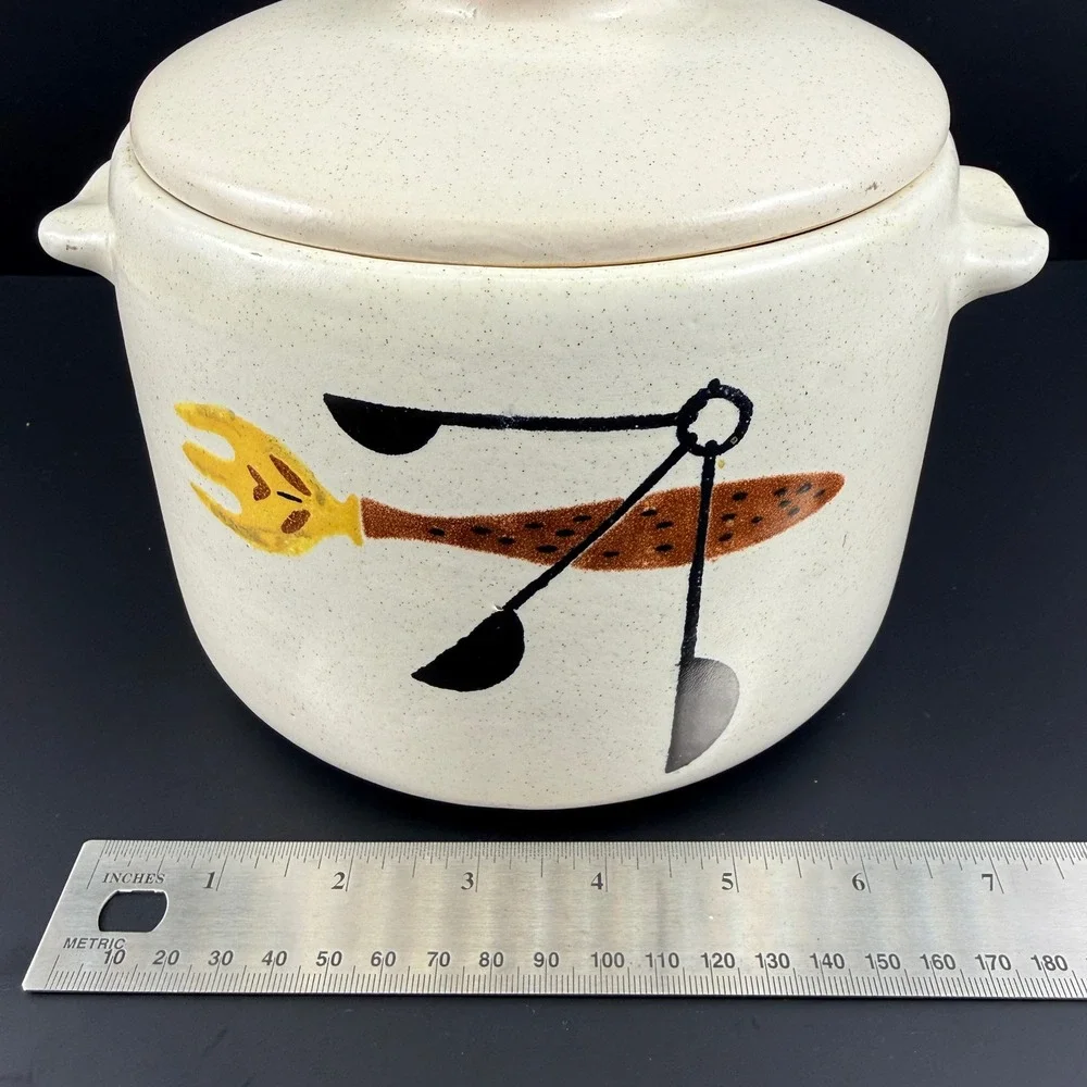 West Bend Stoneware Bean Pot MCM Fork & Spoon Pattern Crock with Lid